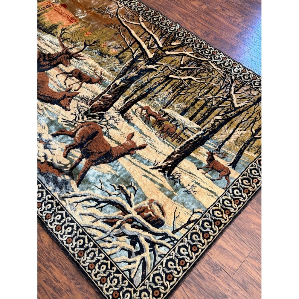 Vtg Velvet Deer Tapestry Wall Hanging Rug Buck Doe Winter Forest Scene 70 x 47" - Picture 5 of 16